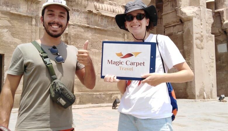 Egyptologist with tourist at Philae temple